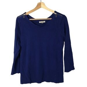 Roz & Ali Blue Zip Shoulder Long Sleeve Knit Blouse S